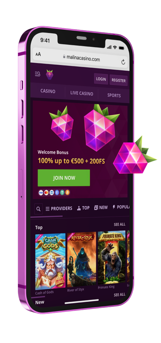 Mobile screen displaying various casino games, including slots and card games, set against a vibrant background